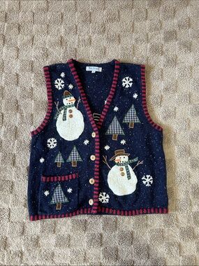 Vintage Tess Designs Snowman Sweater Vest Medium | Christmas Holiday Knit